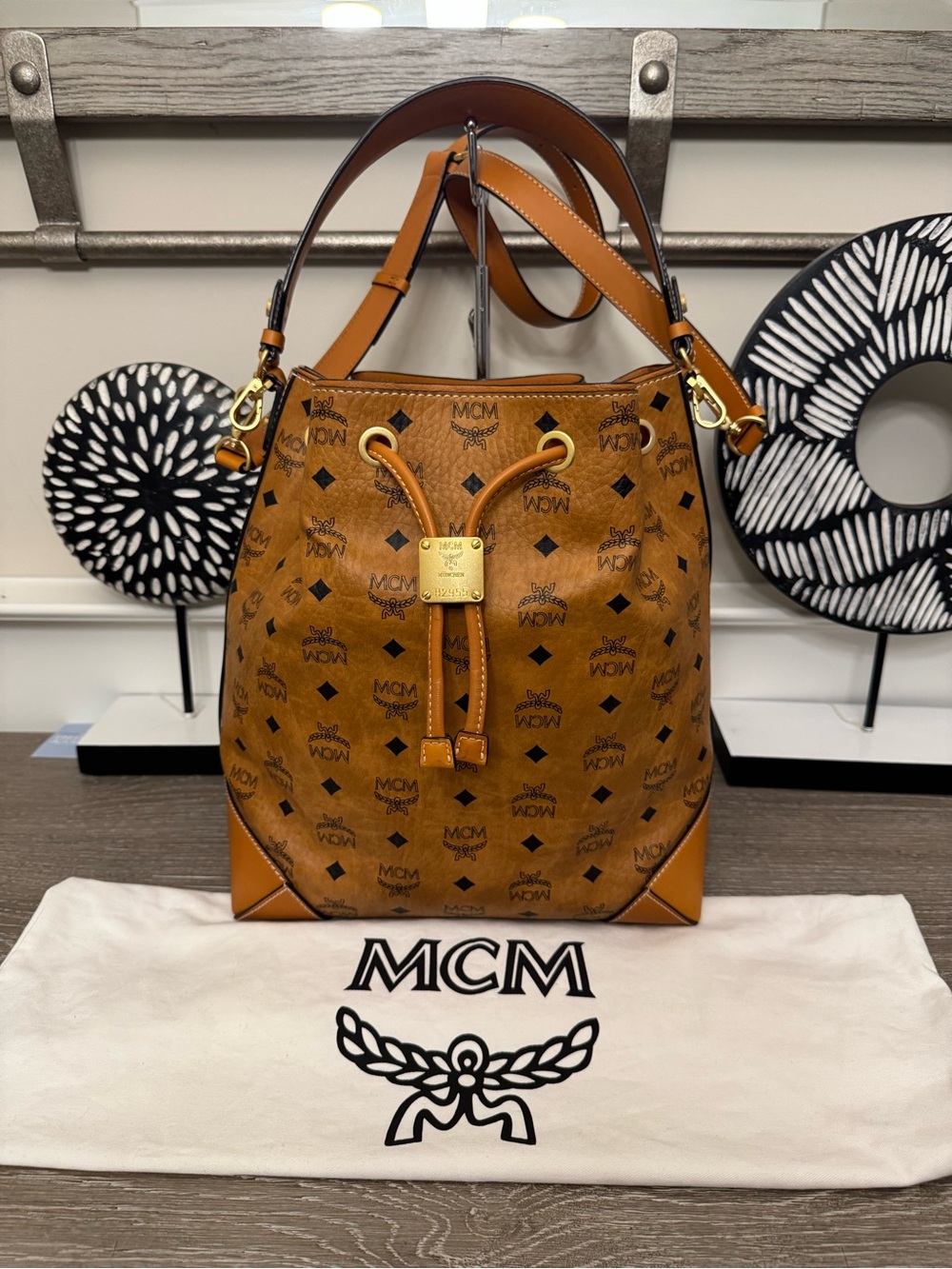 MCM Cognac Visetos Drawstring Shoulder Bucket Bag. Comes with ( COA )